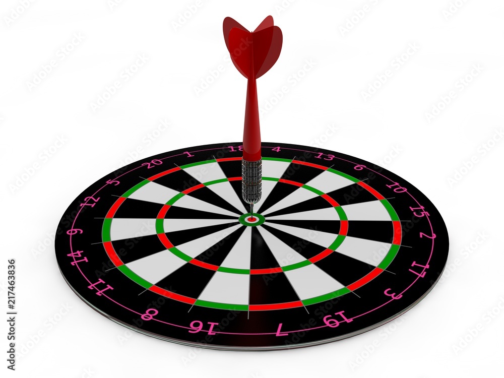 Poster an image of a target of concentric brown rings and a dart hit the target. the image on a white backg