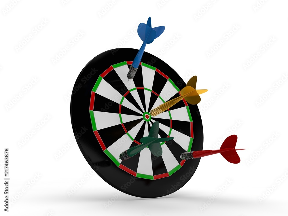 Poster the image of the target for darts and dart into the goal and past. the image on a white background. 