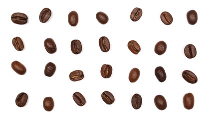 Coffee beans pile, collection isolated on white background and texture, top view