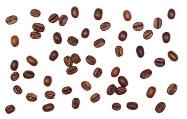 Coffee beans pile, collection isolated on white background and texture, top view