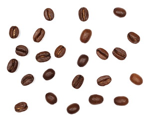 Coffee beans pile, collection isolated on white background and texture, top view