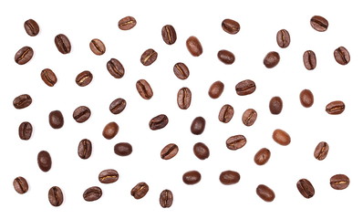 Coffee beans pile, collection isolated on white background and texture, top view