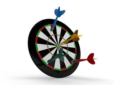the image of the target for Darts and dart into the goal and past. The image on a white background. 3D rendering. The idea of success and good luck, sin, and failure.