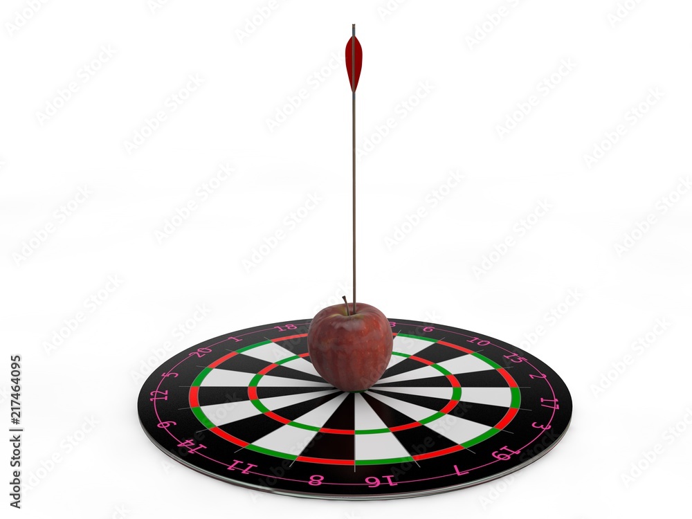 Poster an image of a target for darts with bullseye in the center and the arrow hit the target. the image o