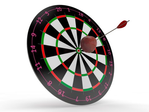 the image of the target for Darts and Apple in the center with the arrows hit the target. The image on a white background. 3D rendering. The idea of success and good luck.