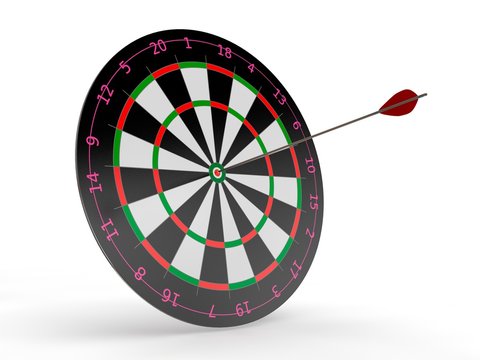 the image of the target for javelins and arrows hit the target. The image on a white background. 3D rendering. The idea of success and good luck.
