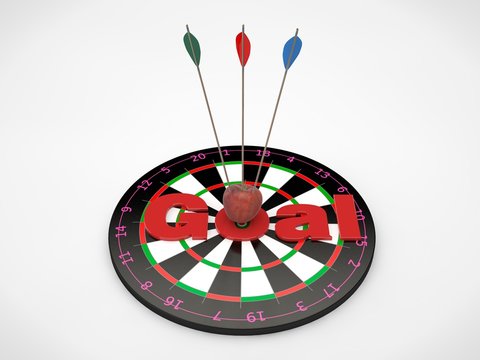 the image of the target for javelins and arrows hit the target in the bull's-eye, with a red text Goal. The image on a white background. 3D rendering. The idea of success and good luck.