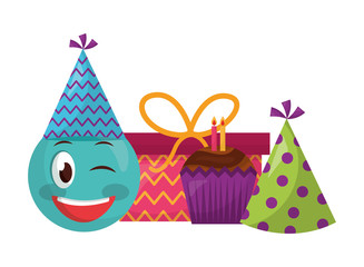 emoji kawaii with gift box present and hat party