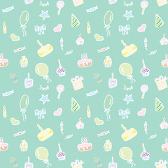 Seamless pattern with gifts, confetti, balloons, hearts