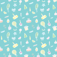 Seamless pattern with gifts, confetti, balloons, hearts