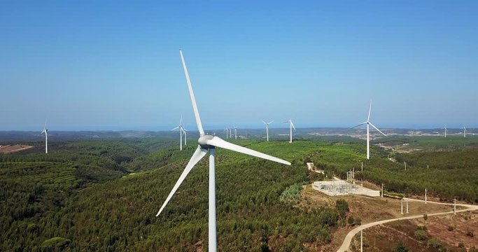 Aerial View Of Wind Turbine Park In Portugal Generating Clean Energy