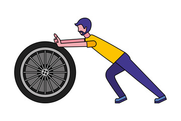 young man pushing tire car isolated icon