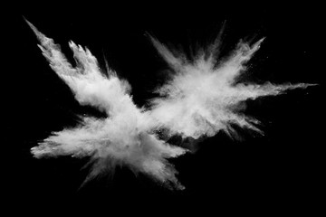 Bizarre forms of white powder explosion cloud against black background.