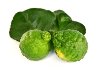 makrut lime or kaffir lime (Citrus hystrix) on white background.
Health Benefits of kaffir lime For Beauty and Traditional Medicine.
