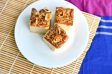 Thai Dessert Menu on wooden background.
Mung Bean Thai Custard Dessert  (Thai name is Khanom Maw Kaeng).