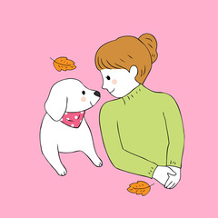 Cartoon cute Autumn dog and woman vector.