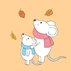 Cartoon cute Autumn mom and baby mice vector.