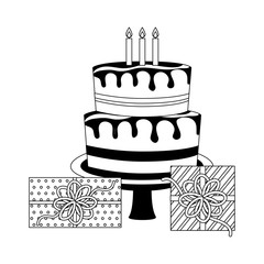 sweet cake with gift boxes present isolated icon vector illustration design