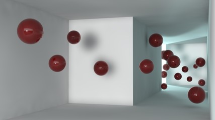 a schematic representation of a corridor of white cubes, with sharp corners and flying flood of red balls reflective and transparent, solid geometric fragments. Abstraction. 3D rendering