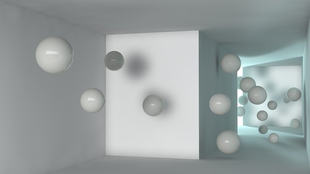 a schematic representation of a corridor of white cubes, with sharp corners and flying in zero gravity flow of white balls, the array of geometric fragments. Abstraction. 3D rendering