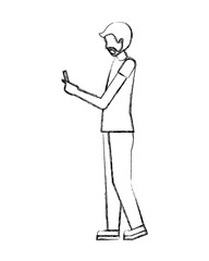 beard man using smartphone device digital vector illustration hand drawing