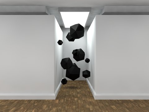 the image of an empty corridor illuminated rectangular lamp with white walls, lots of black polyhedra, geometric shapes flying. a stylized image on white background. 3D rendering