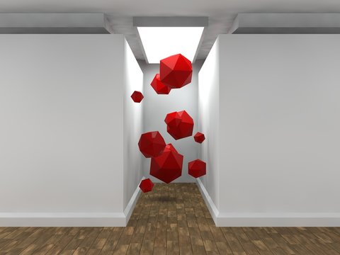 the image of an empty corridor lit by a rectangular light with white walls and a lot of flying polyhedra, Platonic solids, red. a stylized image on white background. 3D rendering