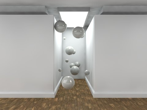 the image of an empty corridor lit by a rectangular light with white walls and a lot of flying balls white. a stylized image on white background. 3D rendering