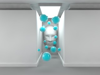 the image of an empty corridor illuminated rectangular lamp with white walls, human faces on the wall and a lot of flying balls blue. a stylized image on white background. 3D rendering