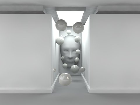 the image of an empty corridor illuminated rectangular lamp with white walls, human faces on the wall and a lot of flying balls white. a stylized image on white background. 3D rendering