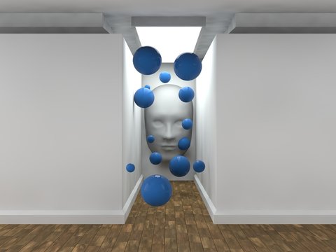 the image of an empty corridor illuminated rectangular lamp with white walls, human faces on the wall and a lot of flying balls blue. a stylized image on white background. 3D rendering