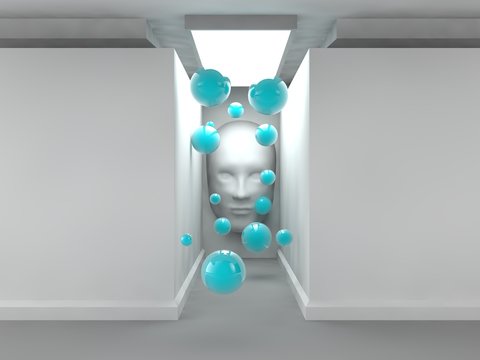 the image of an empty corridor illuminated rectangular lamp with white walls, human faces on the wall and a lot of flying balls blue. a stylized image on white background. 3D rendering