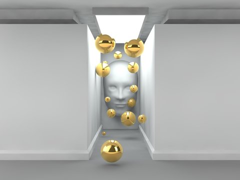 the image of an empty corridor illuminated rectangular lamp with white walls, human faces on the wall and a lot of flying balls of white and gold. a stylized image on white background. 3D rendering