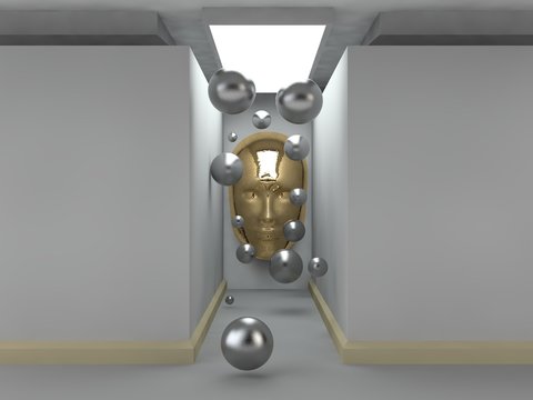 the image of an empty corridor lit by a rectangular light with white walls, Golden human face on the wall and a lot of flying silver balls. a stylized image on white background. 3D rendering