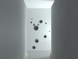 the image of an empty corridor lit by a rectangular light with white walls and a lot of flying silver balls. a stylized image on white background. 3D rendering