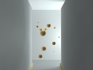 the image of an empty corridor lit by a rectangular light with white walls and a lot of flying and bronze and gold balloons. a stylized image on white background. 3D rendering