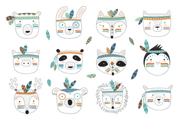 Vector indian tribal animals faces collection