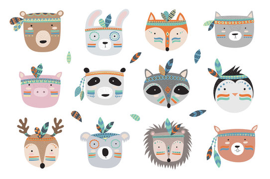 Vector indian tribal animals faces collection