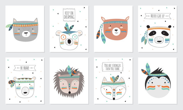 Vector collection of postcards with indian tribal animals faces with motivational slogan