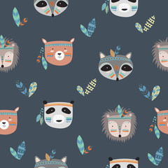 Vector seamless pattern with indian tribal animals faces.