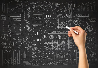 Female hand holding white chalk in front of a blackboard with a business plan drawn on it 