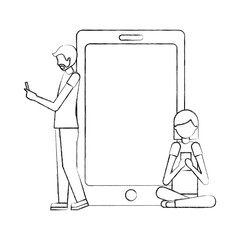 man and woman using cellphones devices smartphone vector illustration hand drawing