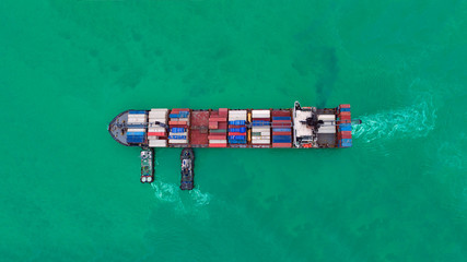 Aerial view cargo ship or shipping container for import export and transportation background.
