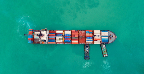 Aerial view cargo ship or shipping container for import export and transportation background.