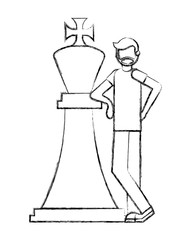 beard man with big chess king figure vector illustration hand drawing