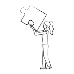 business woman holding piece puzzle jigsaw vector illustration hand drawing