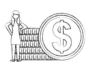business woman with stacked coins currency vector illustration hand drawing