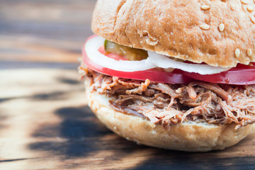 burger with pulled pork, closeup