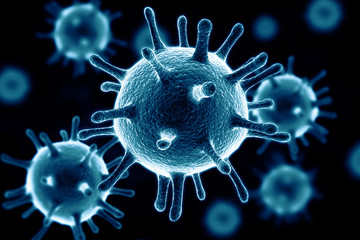 Close up image of virus cells flowing on dark background - obrazy, fototapety, plakaty