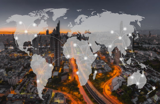 Network and world map on blur cityscape for communication or transportation concept background, Part of this image furnished by NASA
